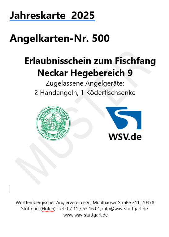 ONLINE Jahreskarte Neckar Hegebereich 9 2025. Nur mit gültigem Fischereischein zu verwenden.