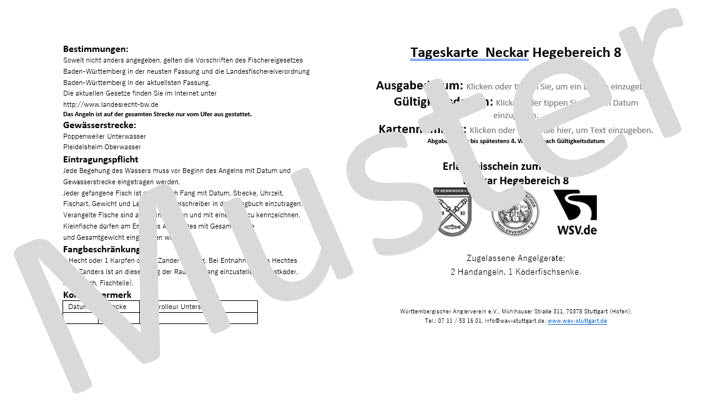 Online Tageskarte Neckar Hegebereich 8. Nur mit gültigem Fischereischein zu verwenden.