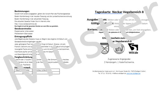 Online Tageskarte Neckar Hegebereich 8.  Nur mit gültigem Fischereischein zu verwenden.